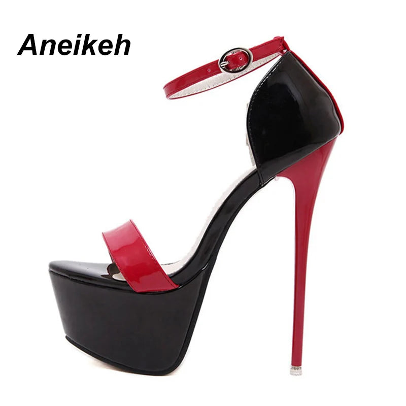 Aneikeh 2024 Fashion PU Platform Super High Heels Women's Open Toe Cover Heel Buckle Strap Thin Heels Sandals Party Pole Dance