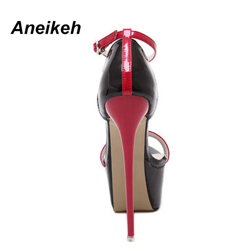 Aneikeh 2024 Fashion PU Platform Super High Heels Women's Open Toe Cover Heel Buckle Strap Thin Heels Sandals Party Pole Dance