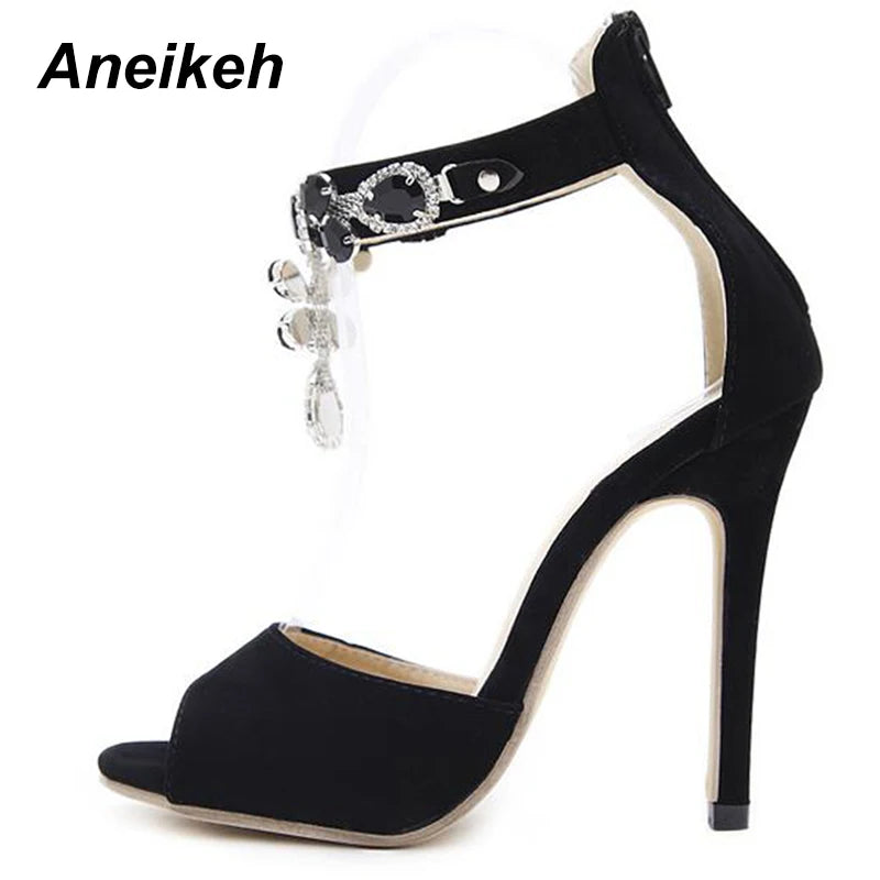 Aneikeh Black Crystal Women Embellished Suede Leather High Heel Sandals Sexy Peep Toe Ankle Strap Rhinestones Gladiator Shoes