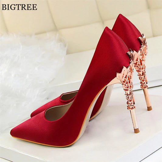 2024 New Elegant Metal Carved Heel Women Pumps Solid Silk Pointed Toe Shallow Fashion High Heels 10cm Female Wedding Dress Shoes