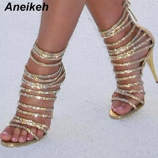 Aneikeh Bling Bling Gold Crystal Sandals Thin Strappy Gladiator Sandal Shoes Stiletto Heel Wedding Pumps Rhinestone Cage Sandal