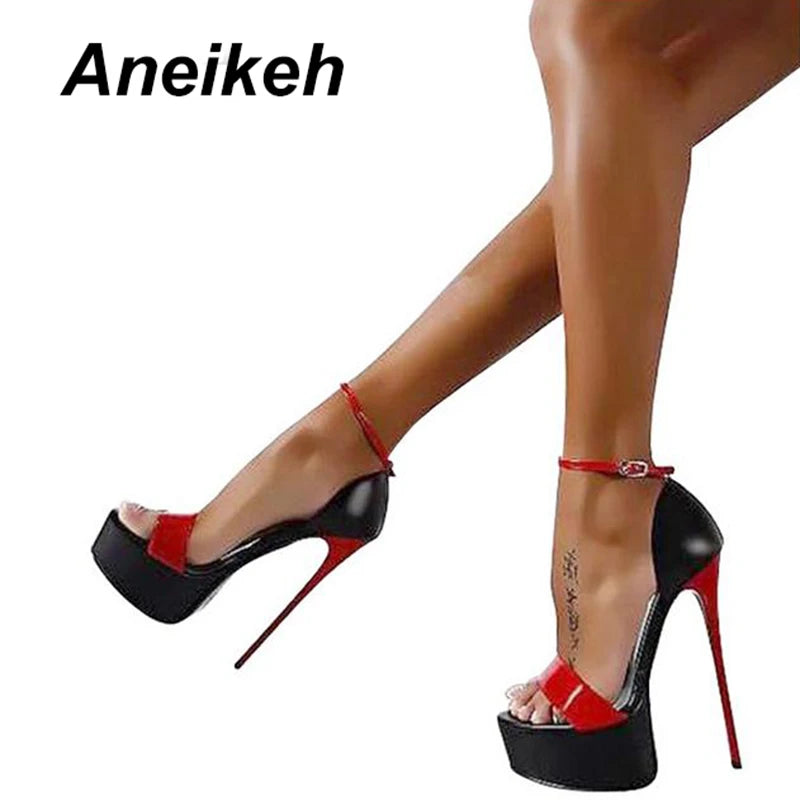 Aneikeh 2024 Fashion PU Platform Super High Heels Women's Open Toe Cover Heel Buckle Strap Thin Heels Sandals Party Pole Dance