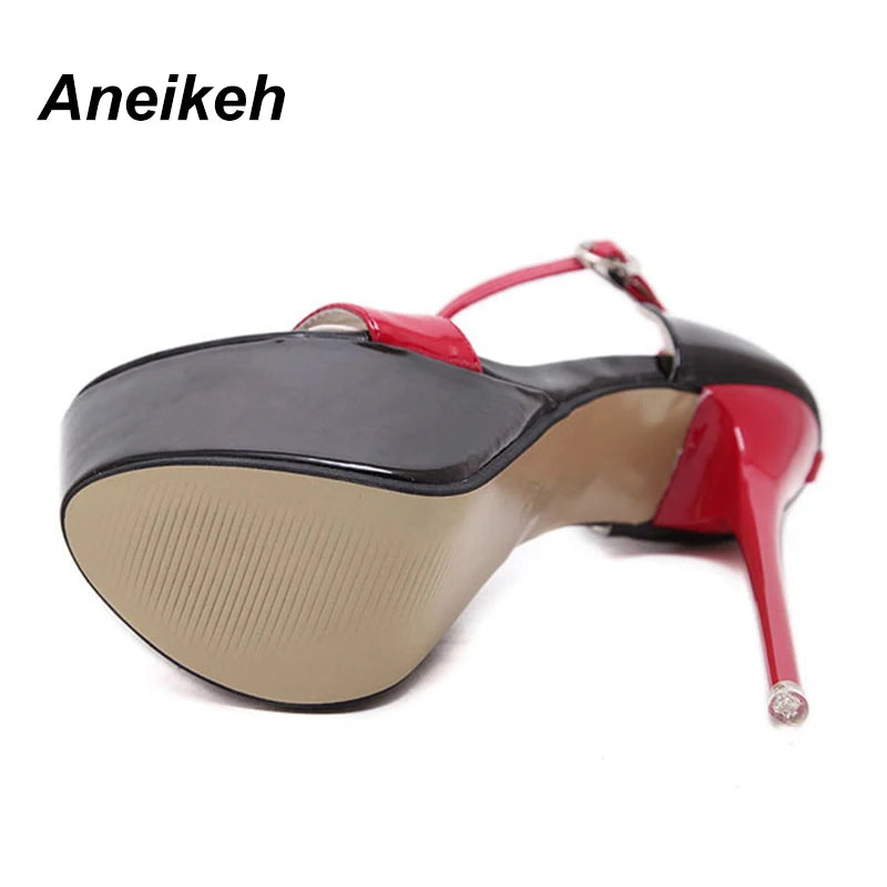 Aneikeh 2024 Fashion PU Platform Super High Heels Women's Open Toe Cover Heel Buckle Strap Thin Heels Sandals Party Pole Dance