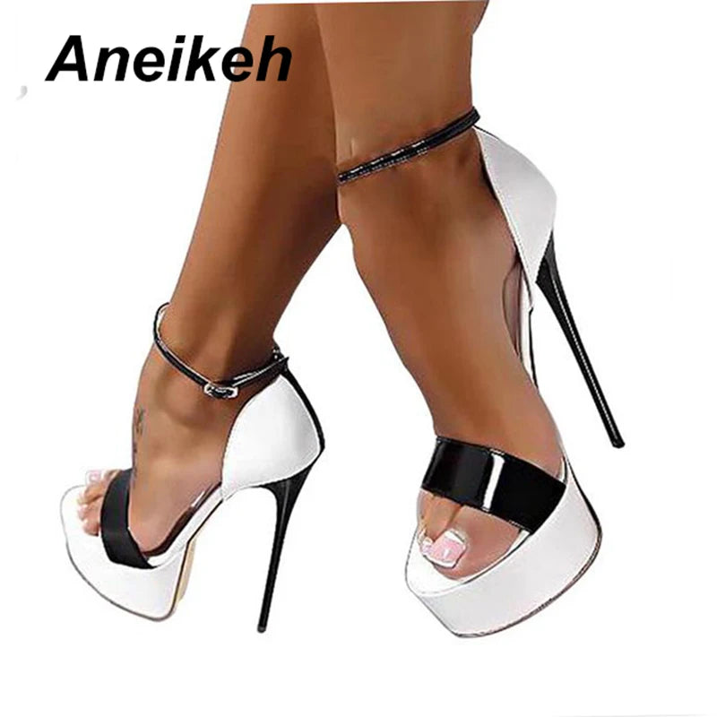 Aneikeh 2024 Fashion PU Platform Super High Heels Women's Open Toe Cover Heel Buckle Strap Thin Heels Sandals Party Pole Dance