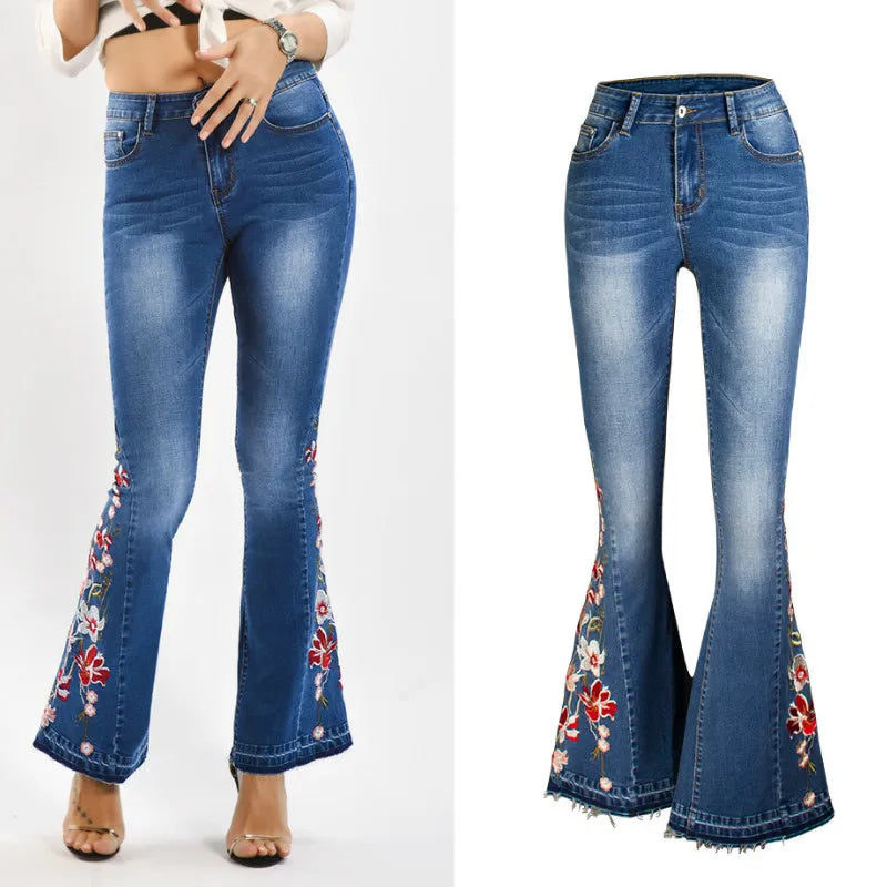 LOGAMI Embroidery Jeans Woman Skinny Flare Pants Denim Ladies Casual Jeans