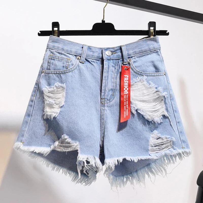 Zoki Large Size Ripped Denim Women Shorts Summer Tassel High Waist Black Distressed Jeans Korean Fashion Pure Cotton Street Wear