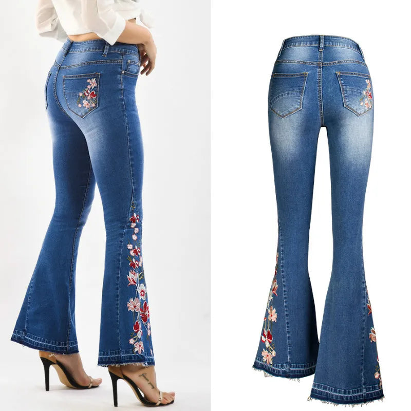 LOGAMI Embroidery Jeans Woman Skinny Flare Pants Denim Ladies Casual Jeans