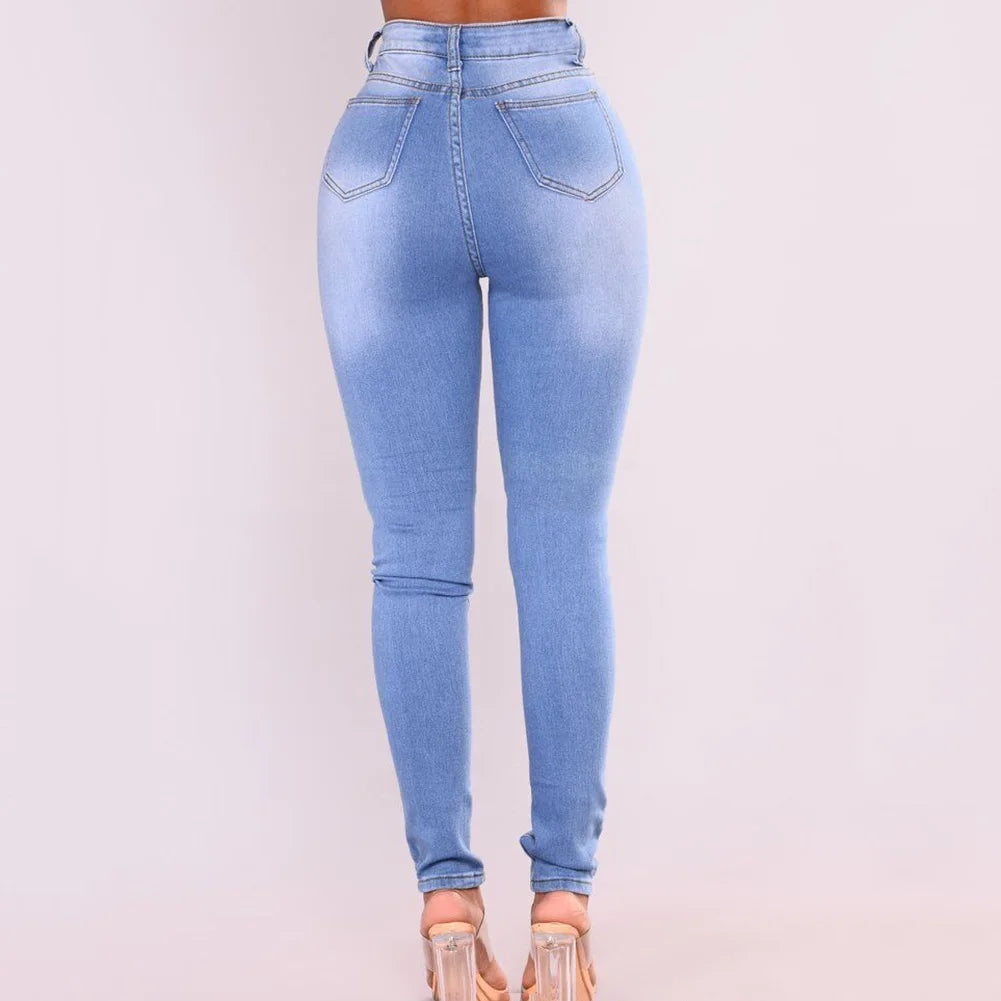 Fashion Women Denim Skinny Trousers High Waist Jeans Skinny Slim-Fit Washed Denim Long Pencil Pants Trousers For Female Sky Blue