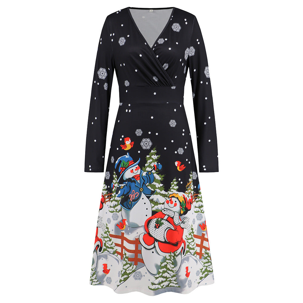 Women's V-neck Long Sleeve Christmas Printed Dress