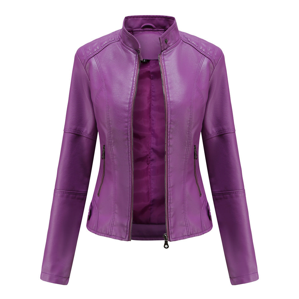 Women's Large Size Stand Collar Slim-fit Leather Jacket