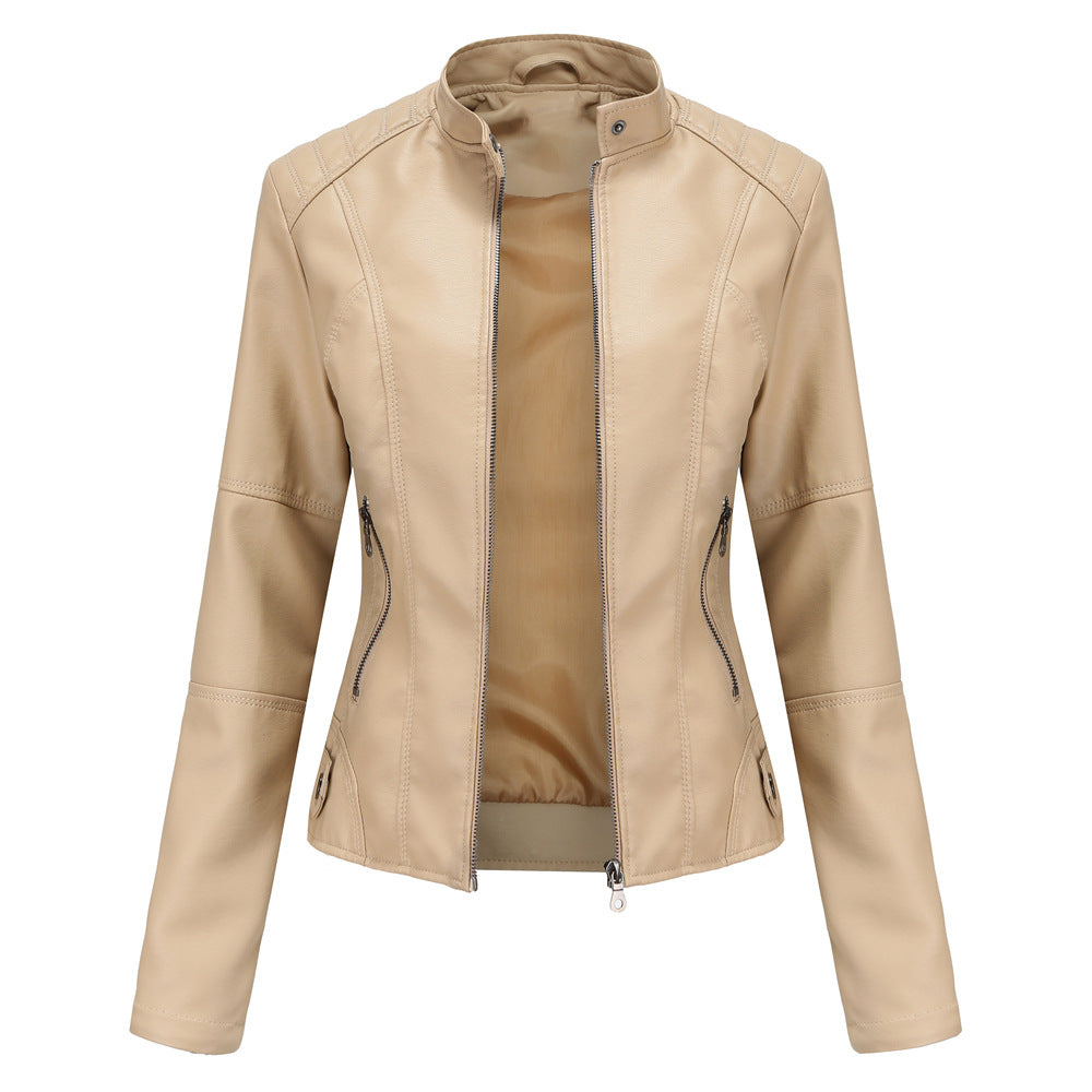 Women's Large Size Stand Collar Slim-fit Leather Jacket