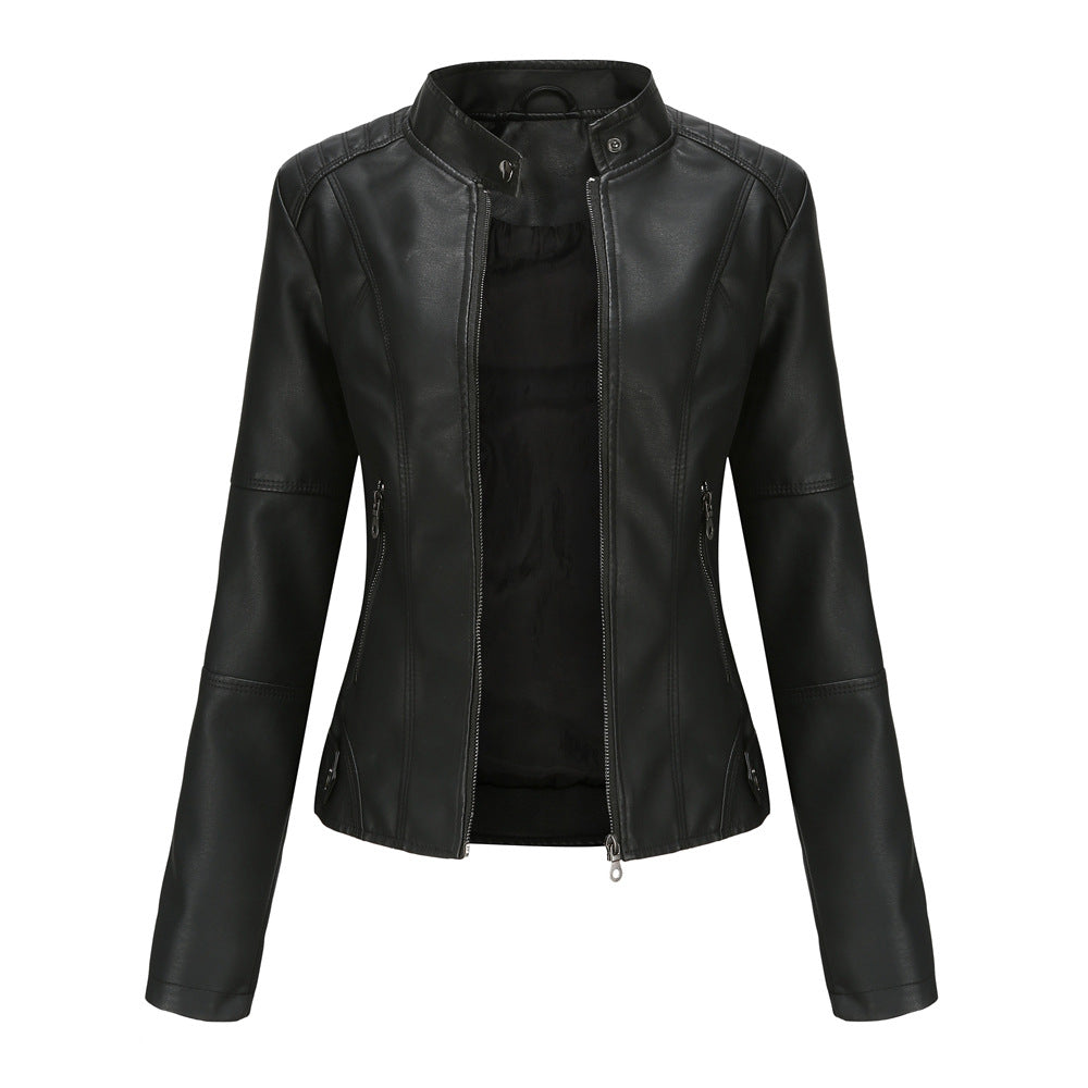 Women's Large Size Stand Collar Slim-fit Leather Jacket