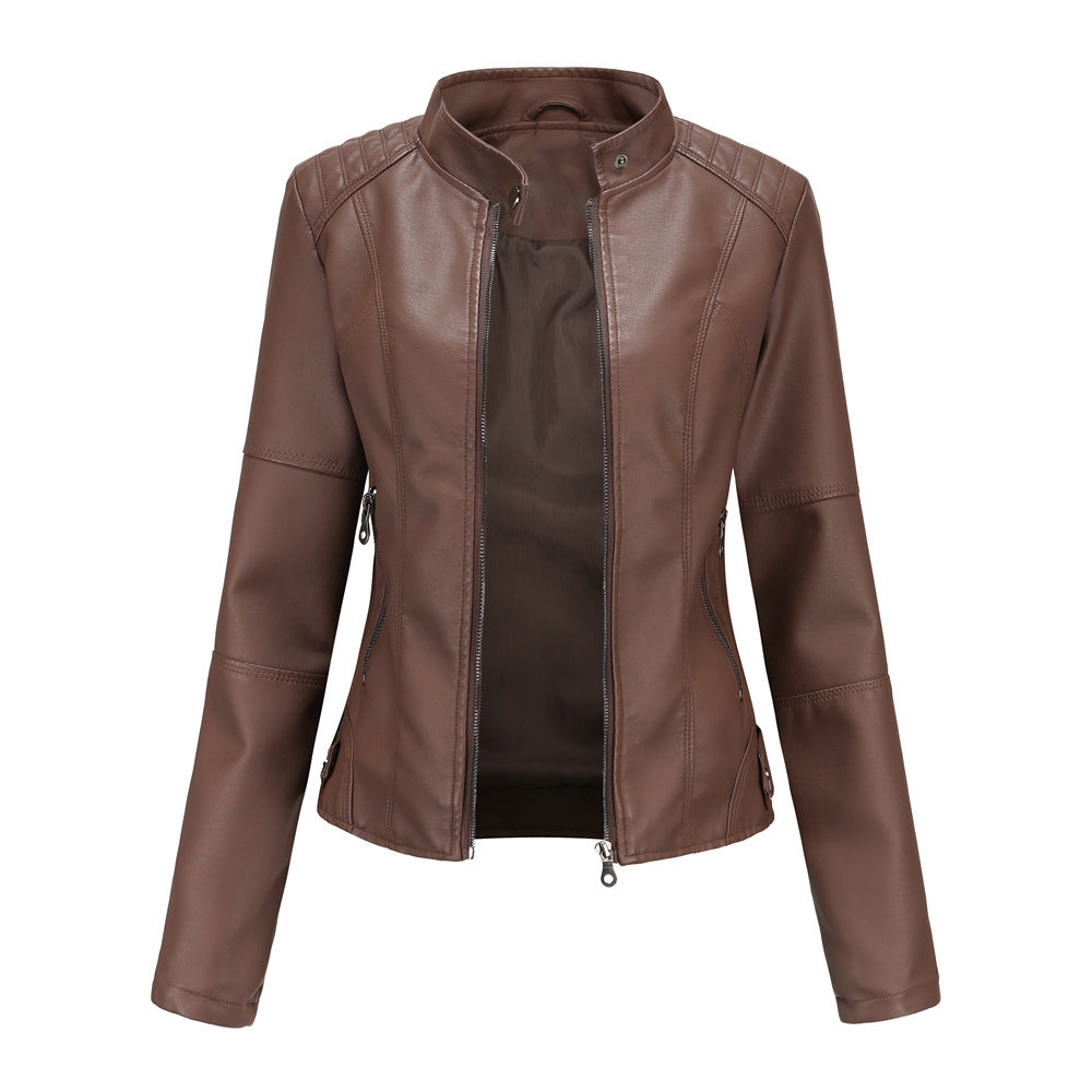 Women's Large Size Stand Collar Slim-fit Leather Jacket