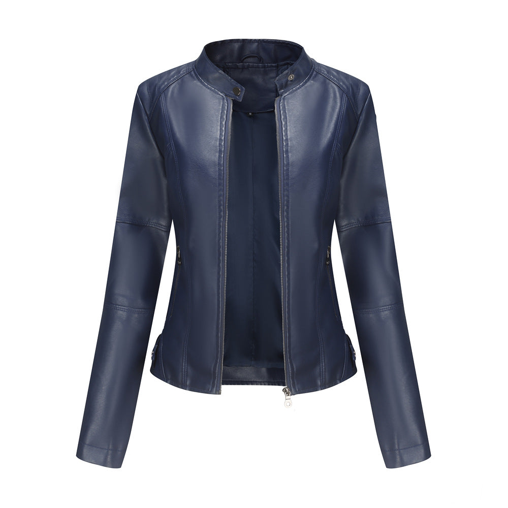 Women's Large Size Stand Collar Slim-fit Leather Jacket