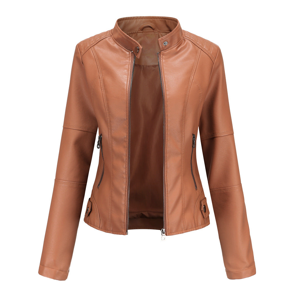 Women's Large Size Stand Collar Slim-fit Leather Jacket