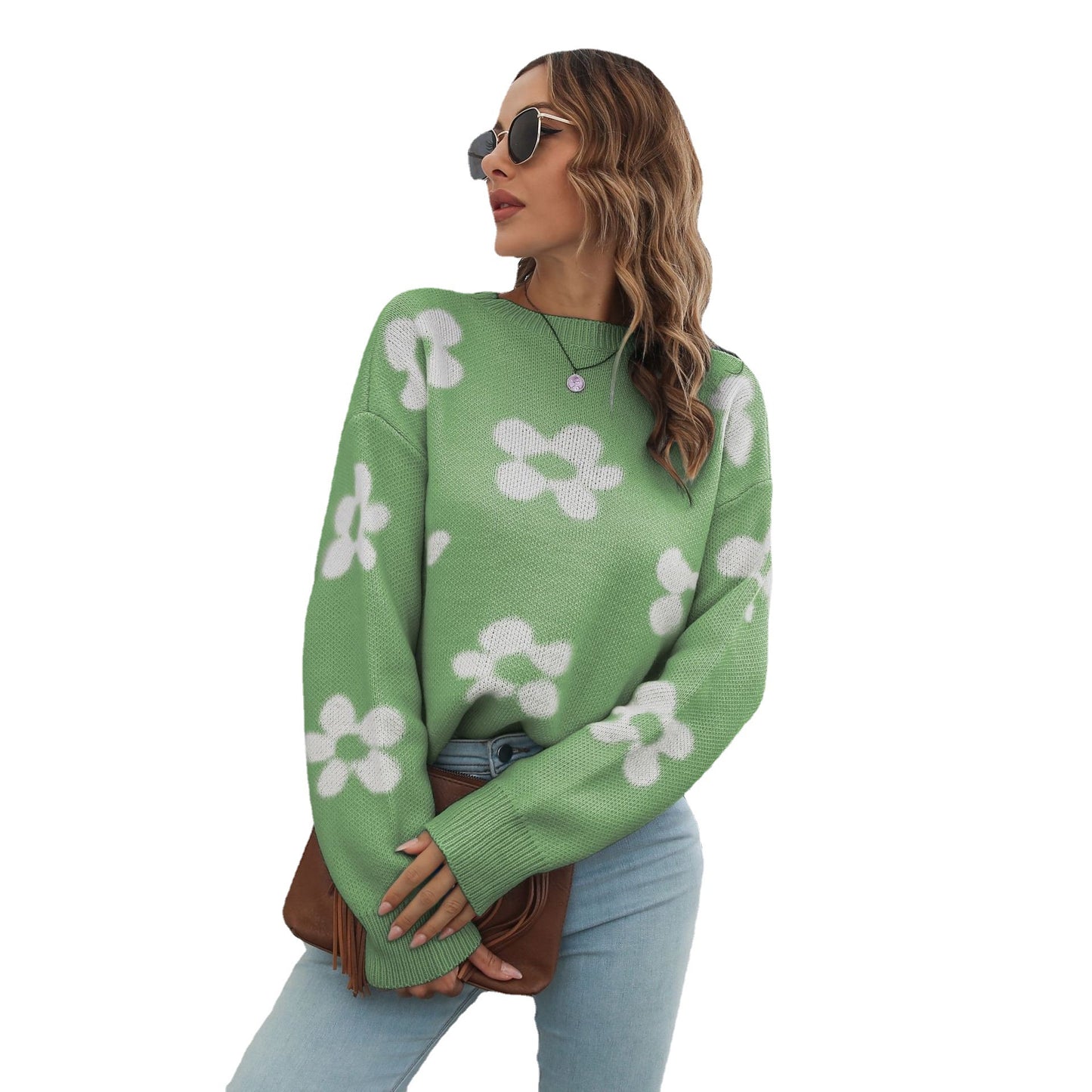 Damen-Pullover aus lockerem, langärmeligem Blumenbrokat