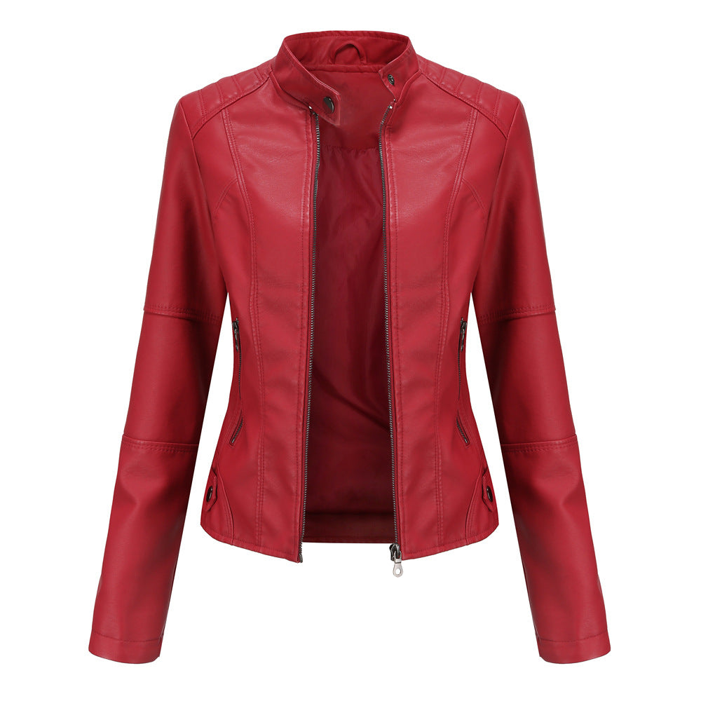 Women's Large Size Stand Collar Slim-fit Leather Jacket