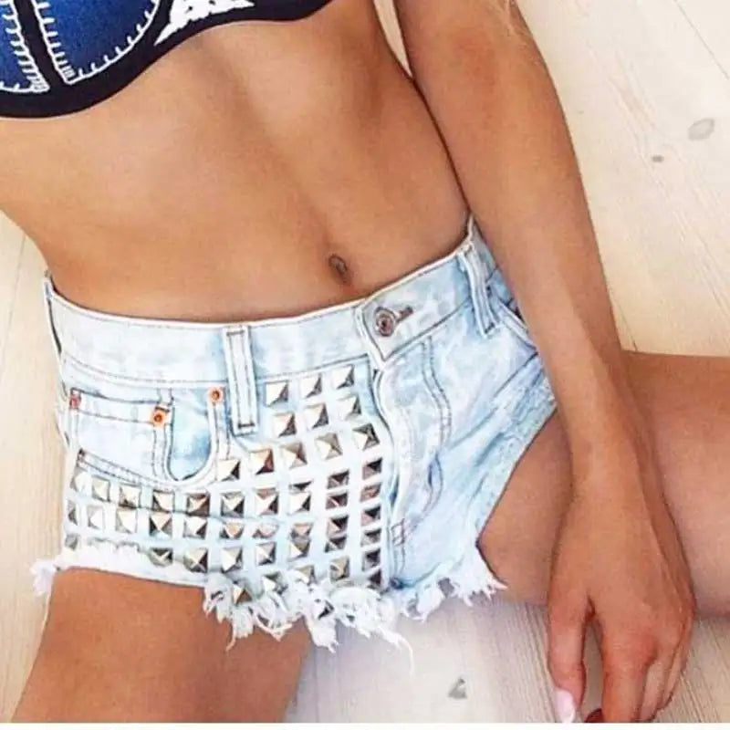 Summer Holes Rivet Women High Waist Denim shorts Women Sexy Hot Loose Thin Tight Denim High Waist Shorts For Women