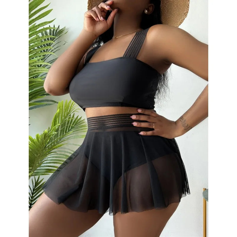 Skirt Bikini Large Size Sexy Swimwear 2024 Women Separate Swimsuit Large Bathing Suit 3 Piece Mesh High Waist Skirt Bikini Set