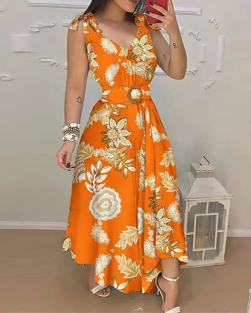 2022 Summer Woman Casual Chic V-Neck Floral Print Tied Detail Belted Design Sleeveless Maxi Vacation Dress