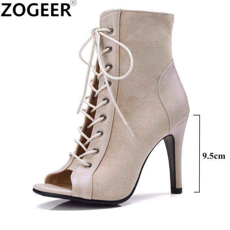 Black Summer High Heels Ankle Boots For Women 2024 Spring Peep Toe Lace Up Pumps Party Jazz Dance Shoes Suede Ladies Large Size