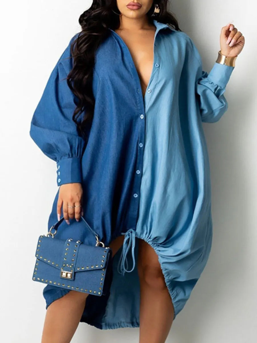 LW Plus Size dresses Drawstring Patchwork Shirt Dress Fashion Drop Shoulder Long Sleeve Shirt Collar Women Streetwears vestido