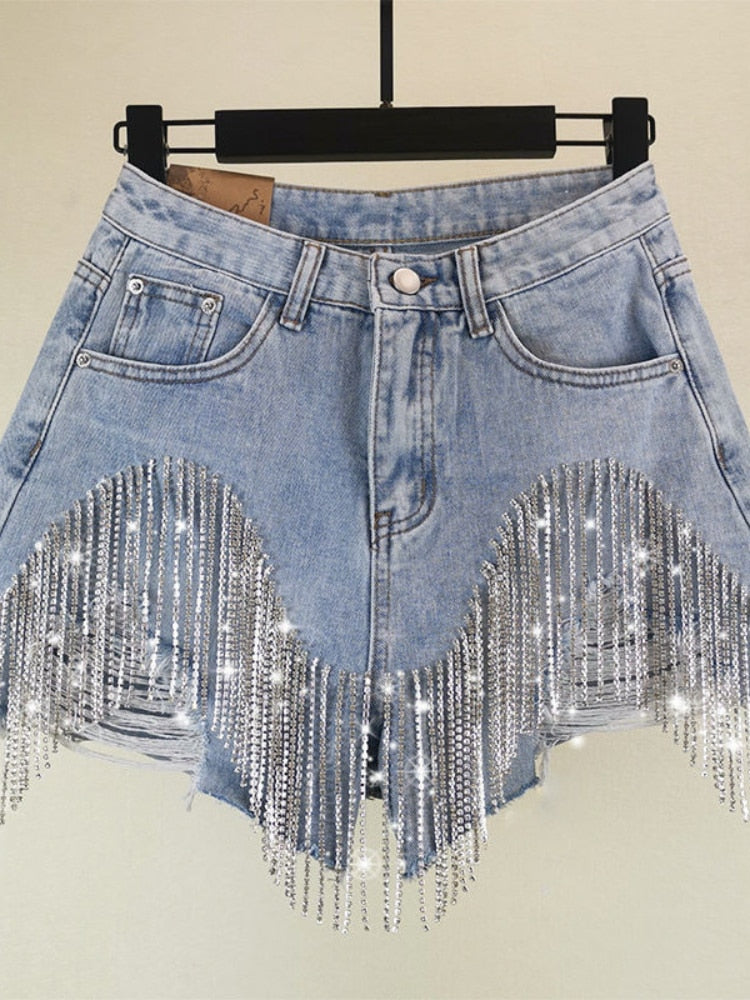 Summer Ripped Jeans Short Femme High Waist Diamond Tassel Casual