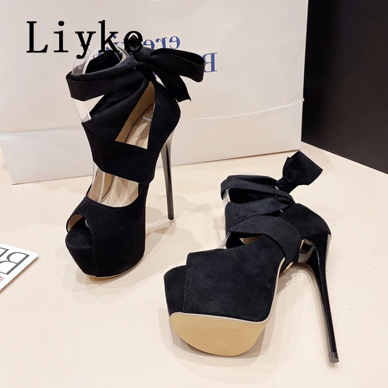 Liyke 2024 Fashion Cross Strap Women Platform Pumps Sandals Sexy Peep Toe Super High Heels Party Stripper Shoes Stilettos Mujer