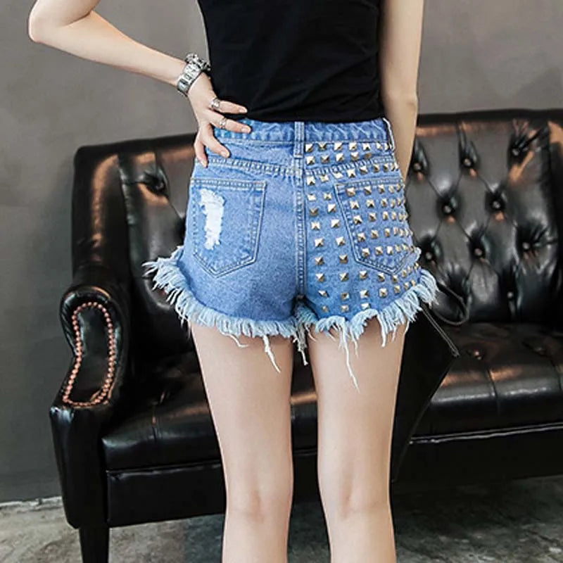 Summer Holes Rivet Women High Waist Denim shorts Women Sexy Hot Loose Thin Tight Denim High Waist Shorts For Women