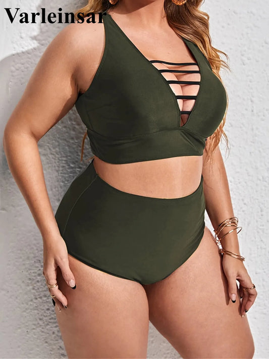 0XL - 4XL Sexy V Neck Bikini Large Size Swimwear Plus Size Women Swimsuit Female Two-pieces Bikini set Bather Bathing Suit V3783