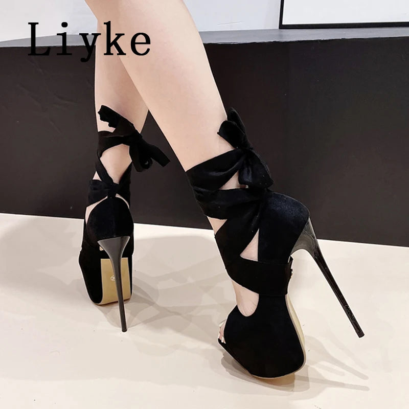 Liyke 2024 Fashion Cross Strap Women Platform Pumps Sandals Sexy Peep Toe Super High Heels Party Stripper Shoes Stilettos Mujer