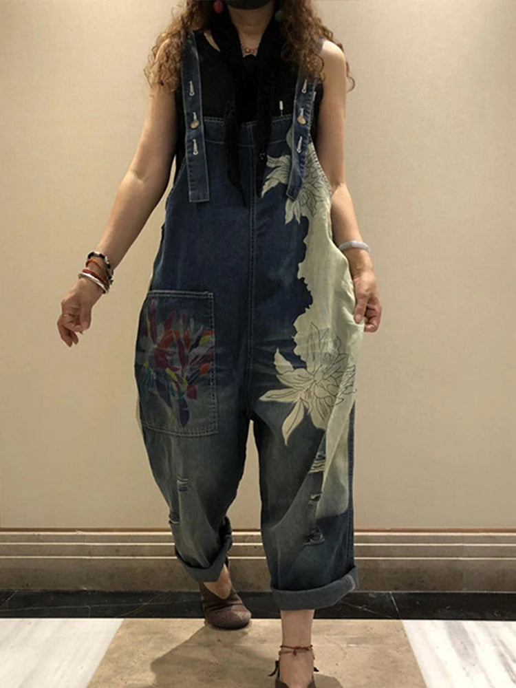 Max LuLu European Fashion Style Spring Female Printed Denim Overalls Ladies Vintage Casual Jeans Women Loose Trousers Wide Pants