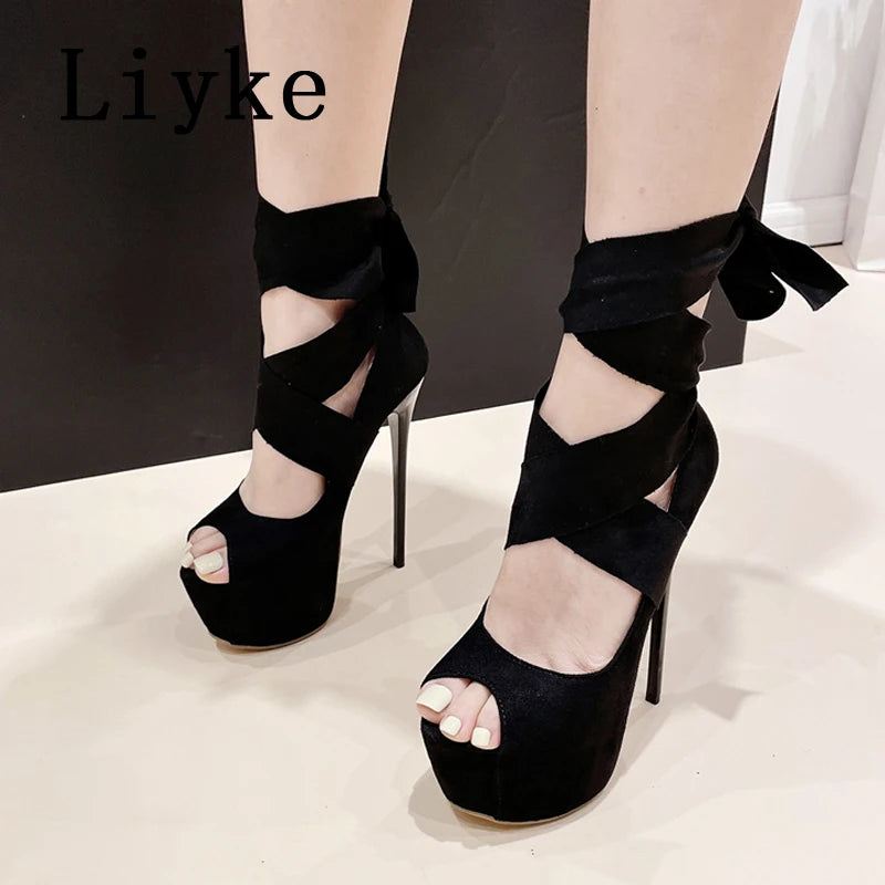 Liyke 2024 Fashion Cross Strap Women Platform Pumps Sandals Sexy Peep Toe Super High Heels Party Stripper Shoes Stilettos Mujer