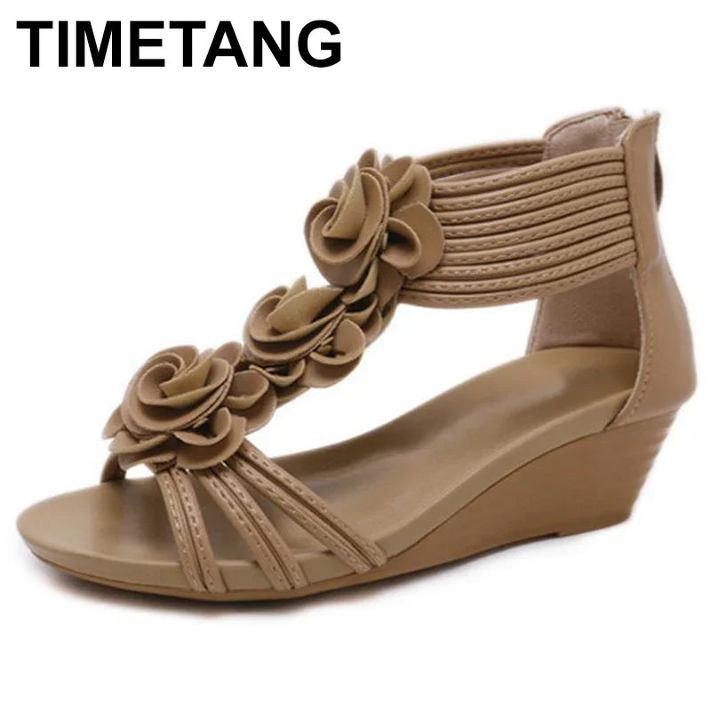 TIMETANG Gladiator Sandals Summer New Woman Fashion Platform Mid Heels Open Toe Wedge Sandals Soft Leather Sexy Casual Shoes