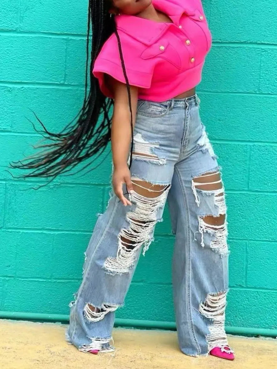 LW Plus Size Stylish Broken Holes Baby Blue Jeans Medium Stretchy Zipper Fly summer Print Denim Street cut hole women's Jeans