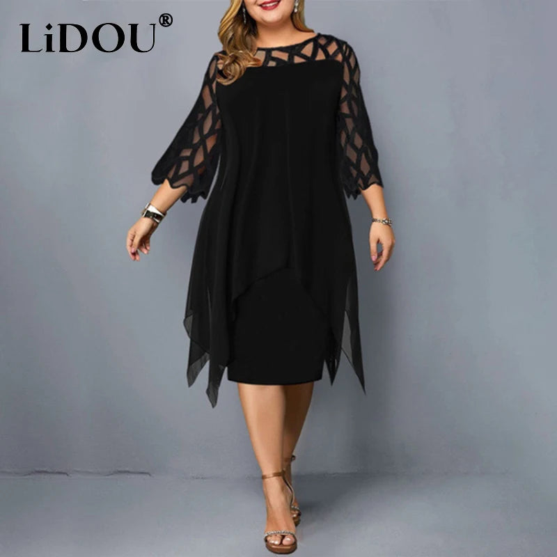 New Elegant Lace Mesh Plus Size Dresses Women Sexy Hollow Out Oversize Dress Loose Casual Vestidos De Fiesta Midi Robes Femme