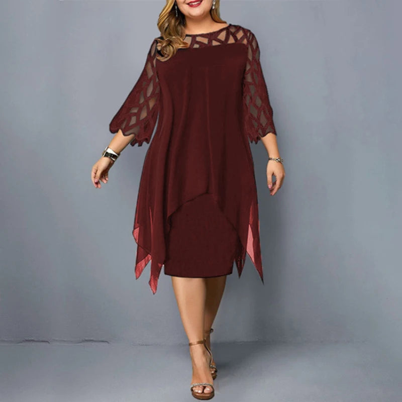 New Elegant Lace Mesh Plus Size Dresses Women Sexy Hollow Out Oversize Dress Loose Casual Vestidos De Fiesta Midi Robes Femme