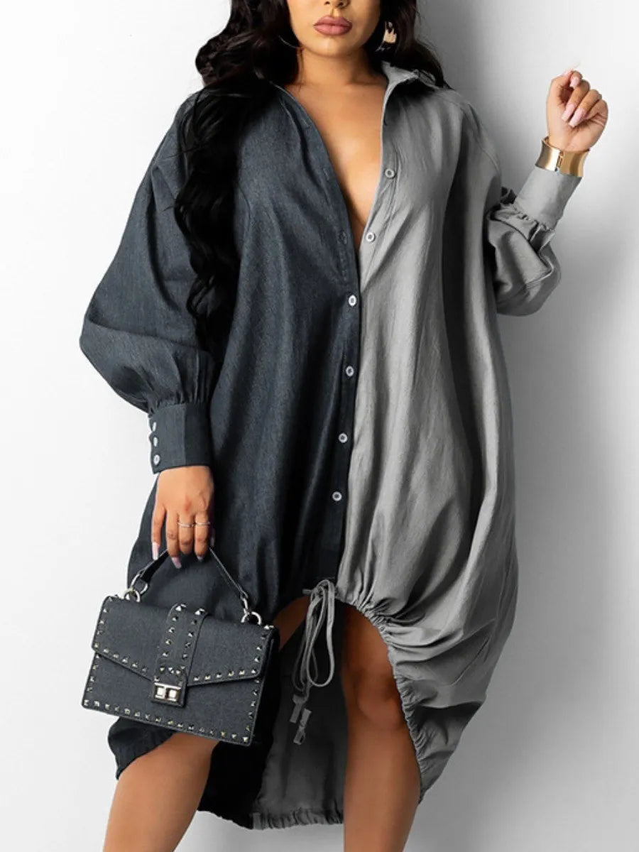 LW Plus Size dresses Drawstring Patchwork Shirt Dress Fashion Drop Shoulder Long Sleeve Shirt Collar Women Streetwears vestido