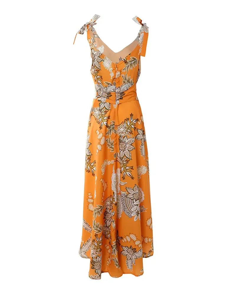 2022 Summer Woman Casual Chic V-Neck Floral Print Tied Detail Belted Design Sleeveless Maxi Vacation Dress