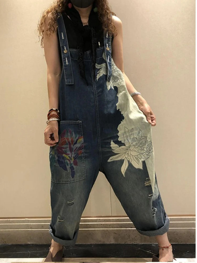 Max LuLu European Fashion Style Spring Female Printed Denim Overalls Ladies Vintage Casual Jeans Women Loose Trousers Wide Pants