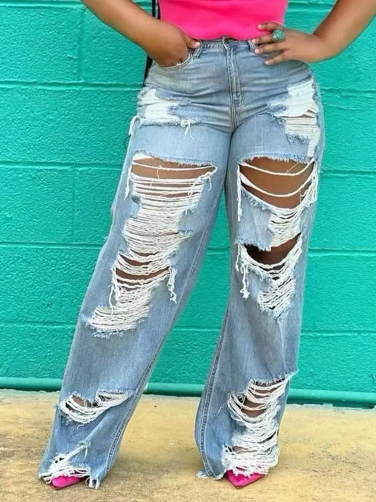 LW Plus Size Stylish Broken Holes Baby Blue Jeans Medium Stretchy Zipper Fly summer Print Denim Street cut hole women's Jeans