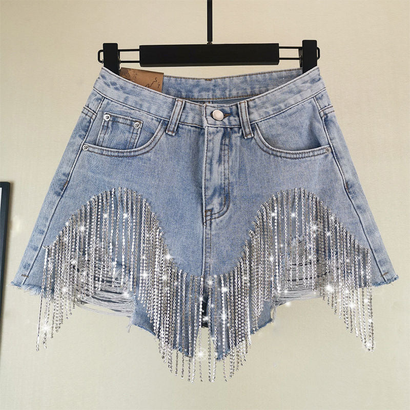 Summer Ripped Jeans Short Femme High Waist Diamond Tassel Casual