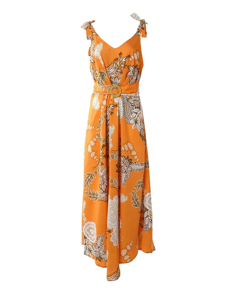 2022 Summer Woman Casual Chic V-Neck Floral Print Tied Detail Belted Design Sleeveless Maxi Vacation Dress