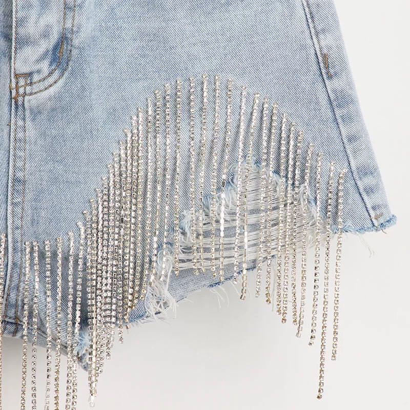 Summer Ripped Jeans Short Femme High Waist Diamond Tassel Casual