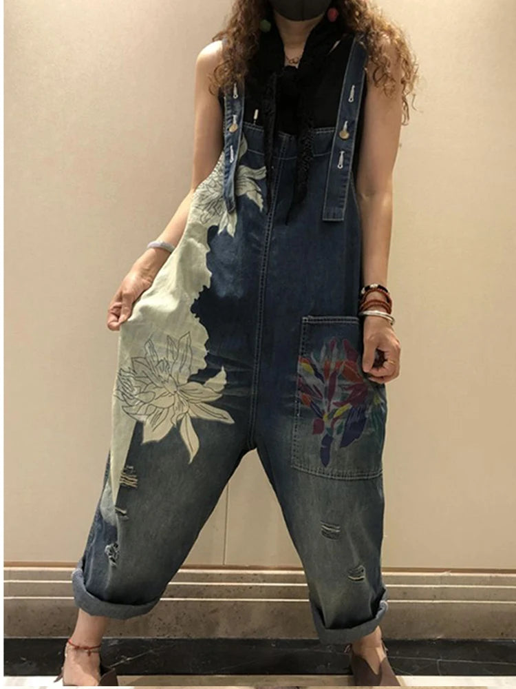 Max LuLu European Fashion Style Spring Female Printed Denim Overalls Ladies Vintage Casual Jeans Women Loose Trousers Wide Pants