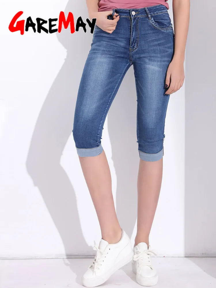 GAREMAY Skinny Capris Jeans Woman Female Stretch Knee Length Denim Shorts Pants Women with High Waist Summer