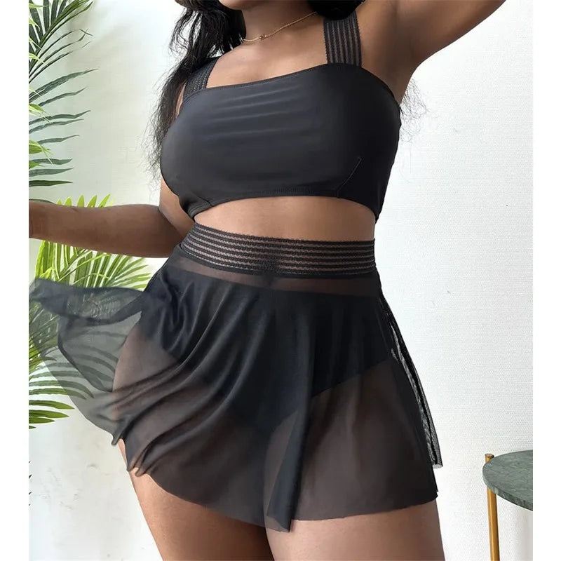 Skirt Bikini Large Size Sexy Swimwear 2024 Women Separate Swimsuit Large Bathing Suit 3 Piece Mesh High Waist Skirt Bikini Set