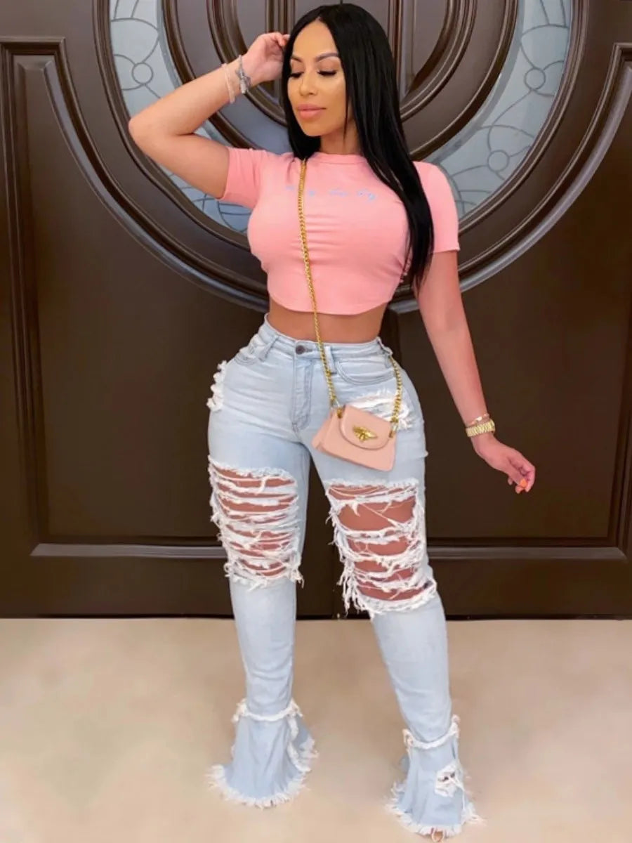 LW Plus Size Ripped Flared High Stretchy Jeans Streetwear Straight Pants Loose Wide Leg Pants Ladies Jeans Y2K Summer Jean