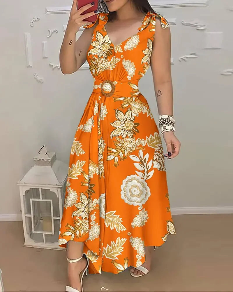 2022 Summer Woman Casual Chic V-Neck Floral Print Tied Detail Belted Design Sleeveless Maxi Vacation Dress