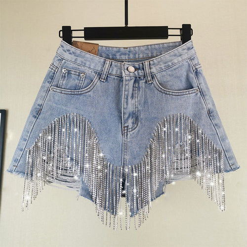 Summer Ripped Jeans Short Femme High Waist Diamond Tassel Casual